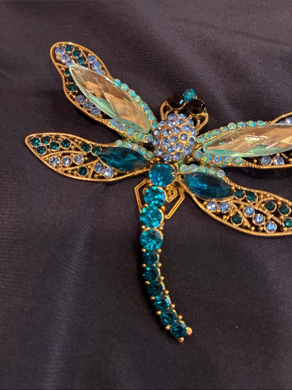 Large Blue Dragonfly Brooch - Rhinestone and Crystal and Gold Tones (ABBA) - Picture 8 of 16